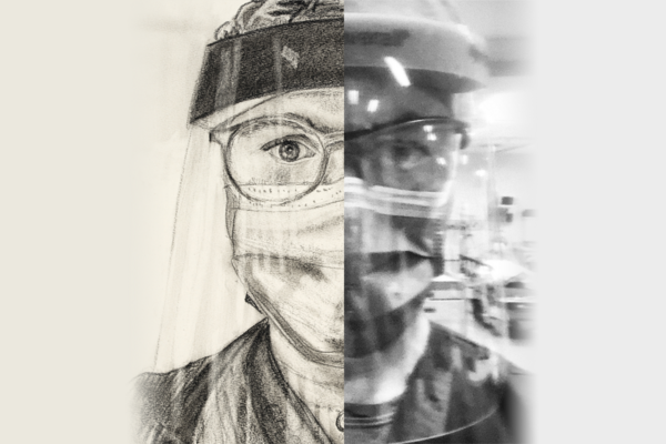 Split image of doctor in PPE: Left is drawing, right is photograph - by Dr. Megan Landes & Brant Slomovic