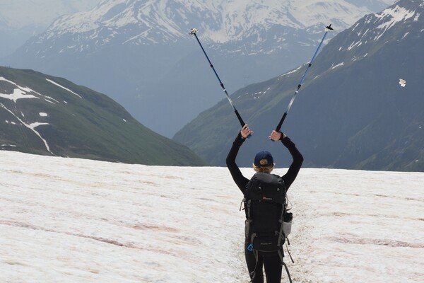 Dr. Leis facing a mountain