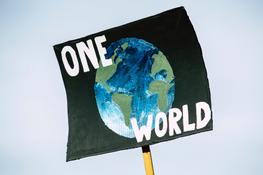 Sign with planet Earth & "One World" written on it 