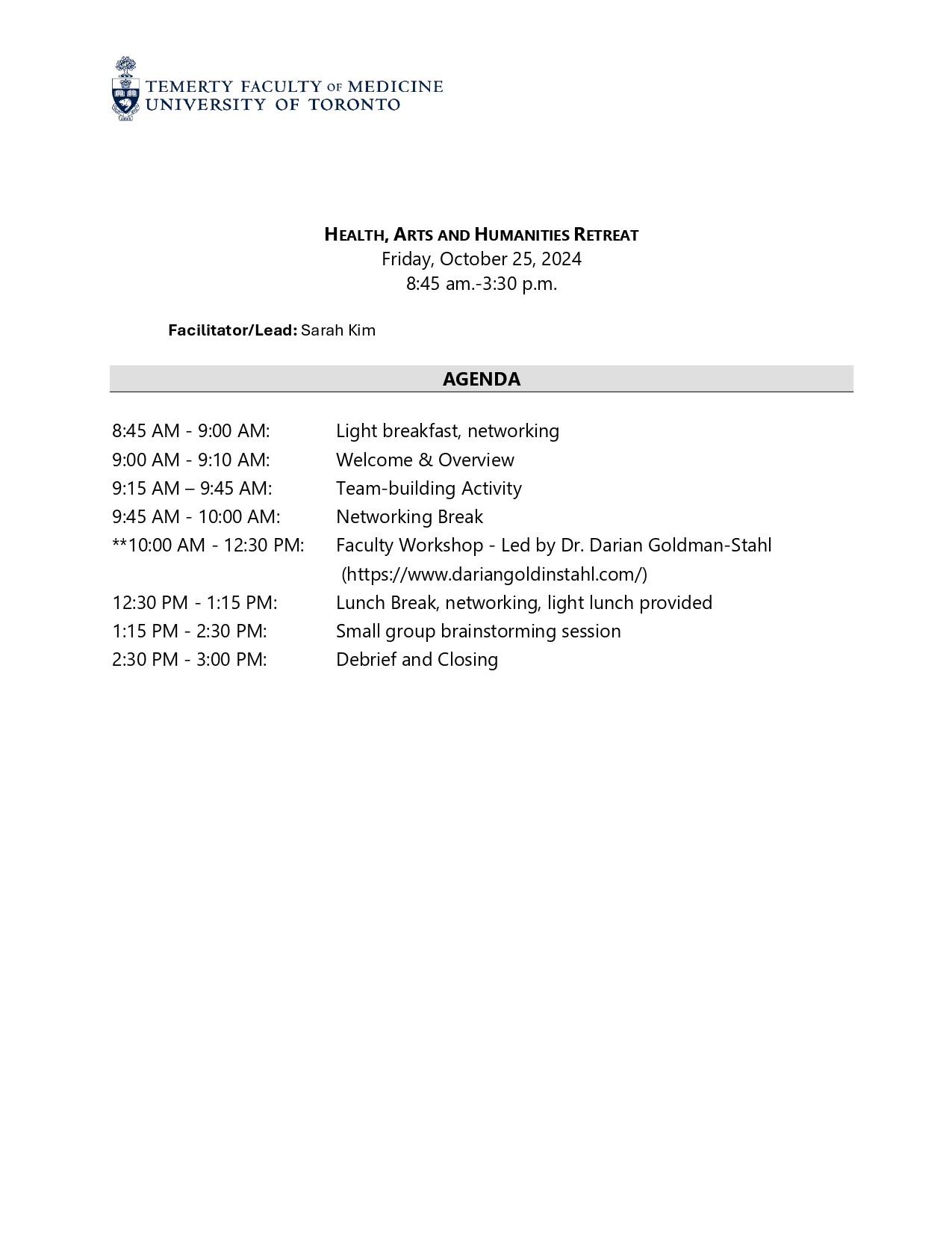 Temerty Medicine Health Humanities Retreat Agenda