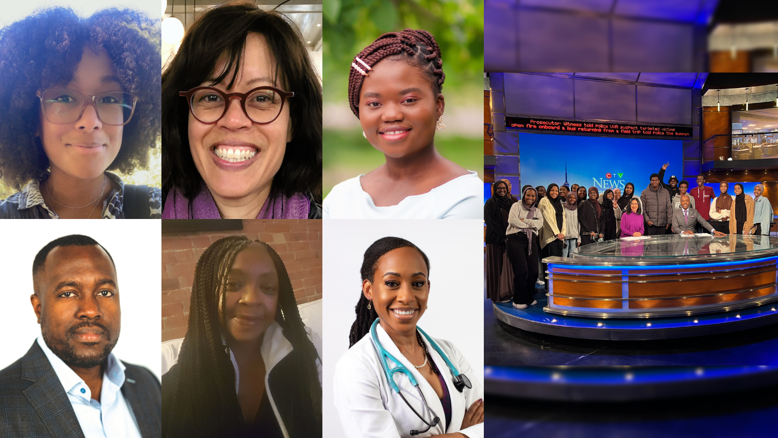 Headshots of Grace Videla-Nash, Lisa Isaac, Julianah Oguntala, Lorraine Sheffield, Bourne Auguste, and Tahira Redwood. Ikran Ali (far right) with Say Somaali youth and CTV reporters at CTV headquarters in Scarborough learning about journalism.