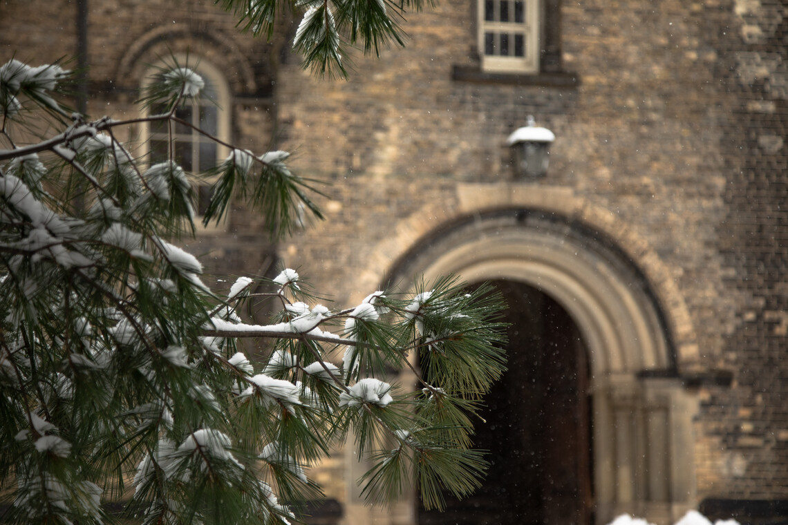 Arched entrance to building with snowy pine trees in the foreground