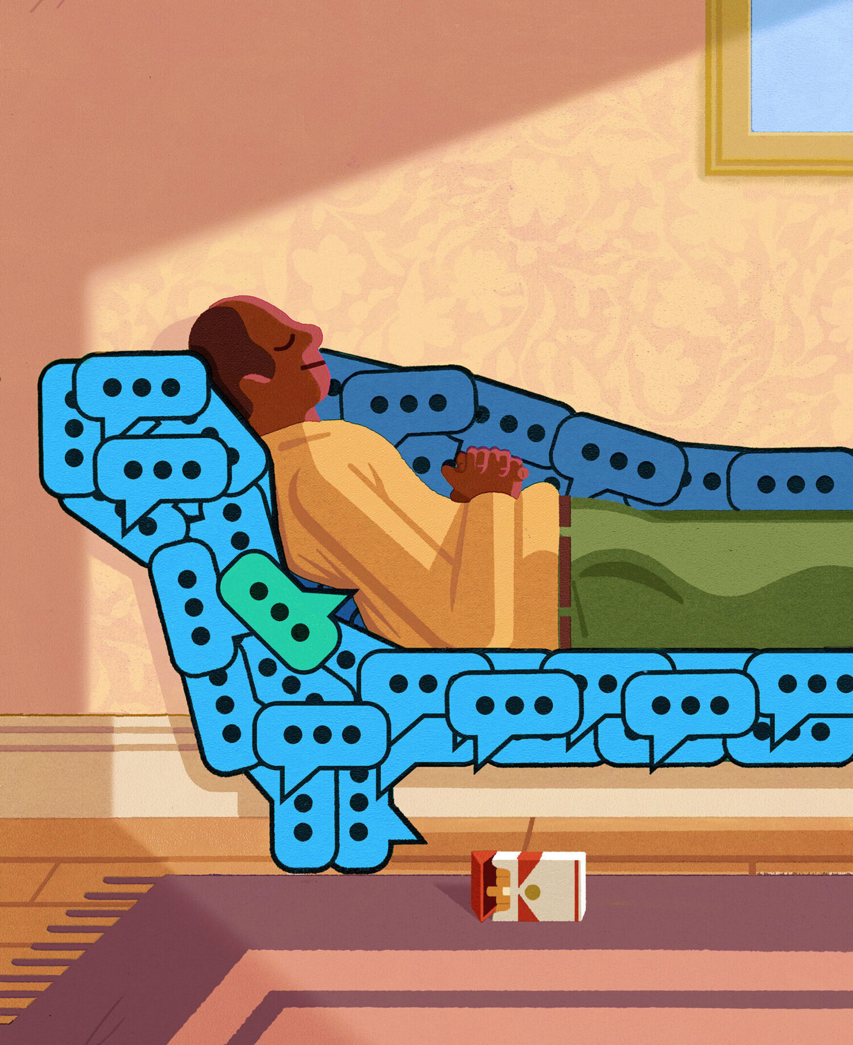 Illustration of man lying on a therapy couch made of speech bubbles. A cigarette carton lies under the couch.